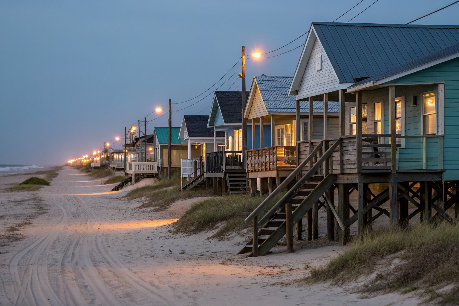 A row of colorful raised beach houses with metal and shingle roofs along a sandy lane at dusk
