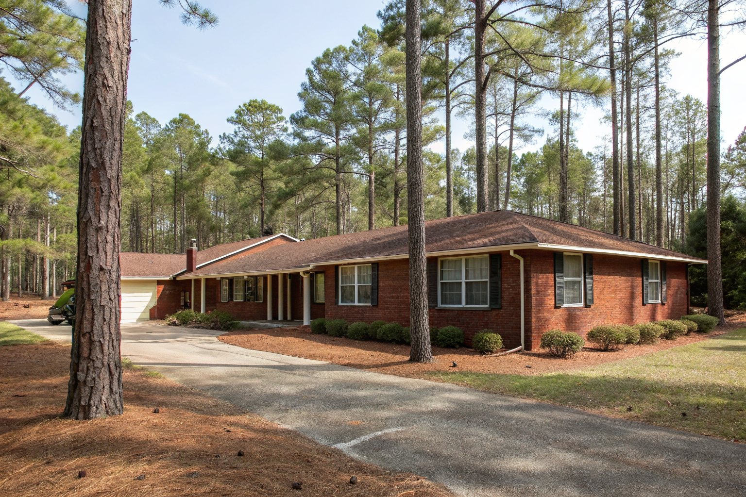 A long red-brick ranch house with a brown shingle roof among tall pine trees