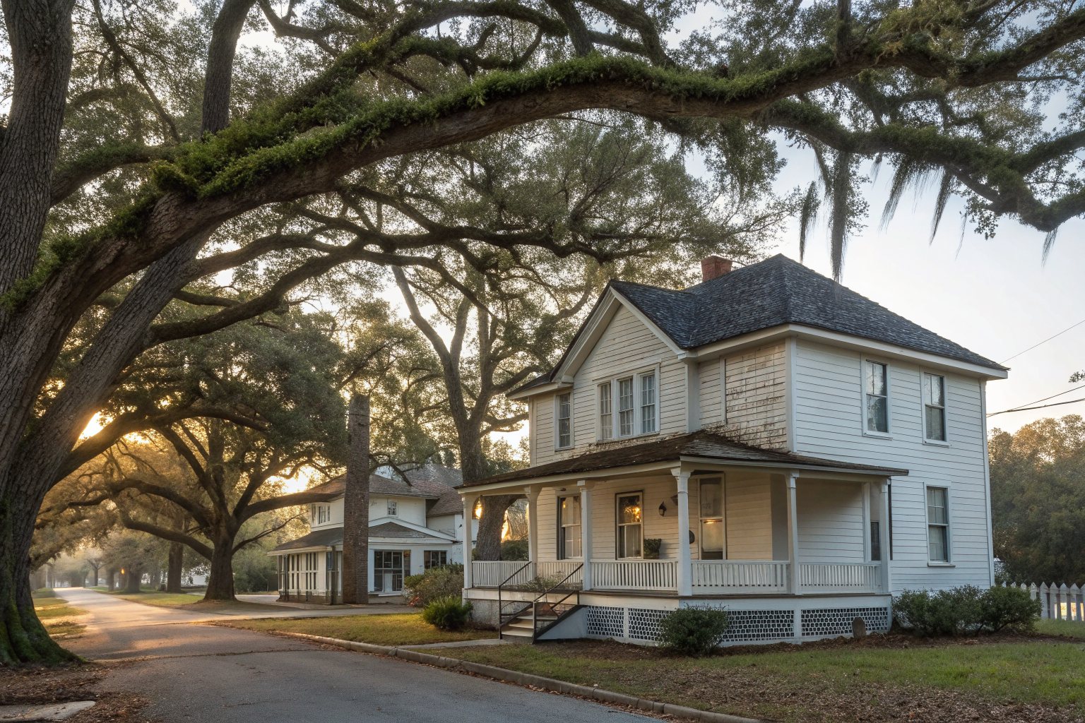 A white two-story frame house with a porch and an aging dark shingle roof under big live oaks
