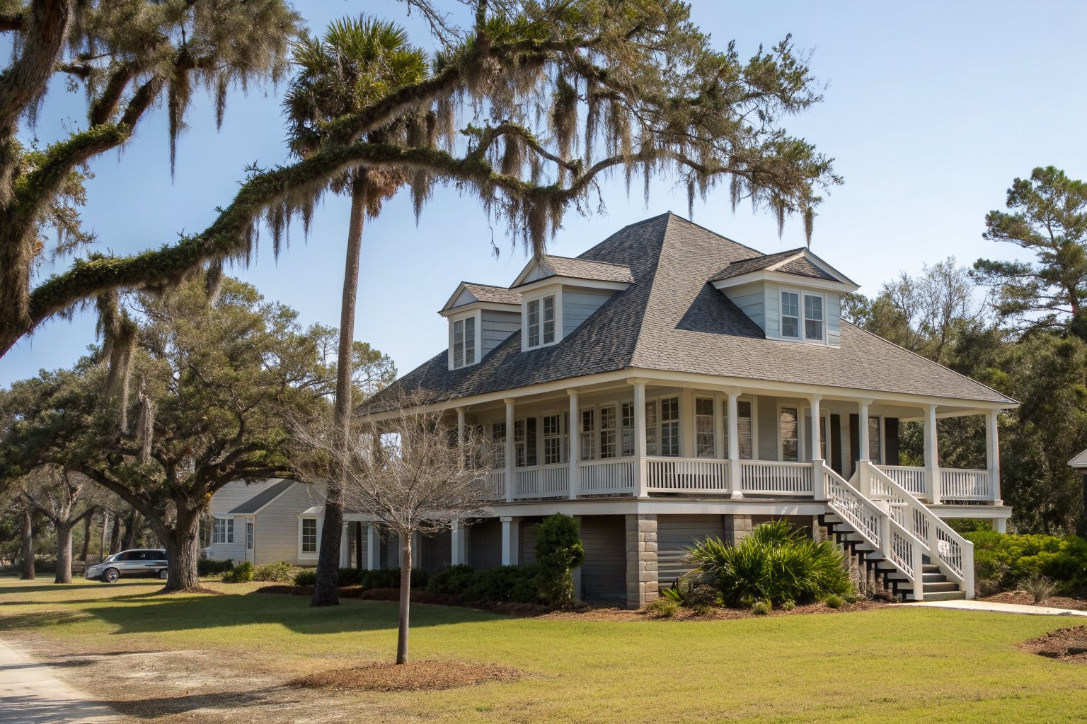 A two-story raised coastal home with a gray shingle roof and wide porches under live oaks hung with Spanish moss