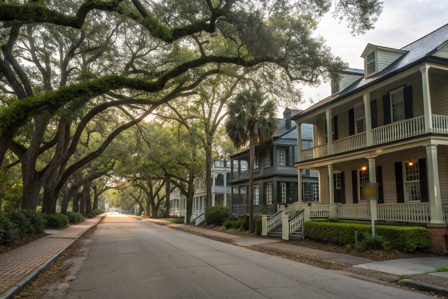 A street of old two-story houses with deep porches and dormers under arching live oaks