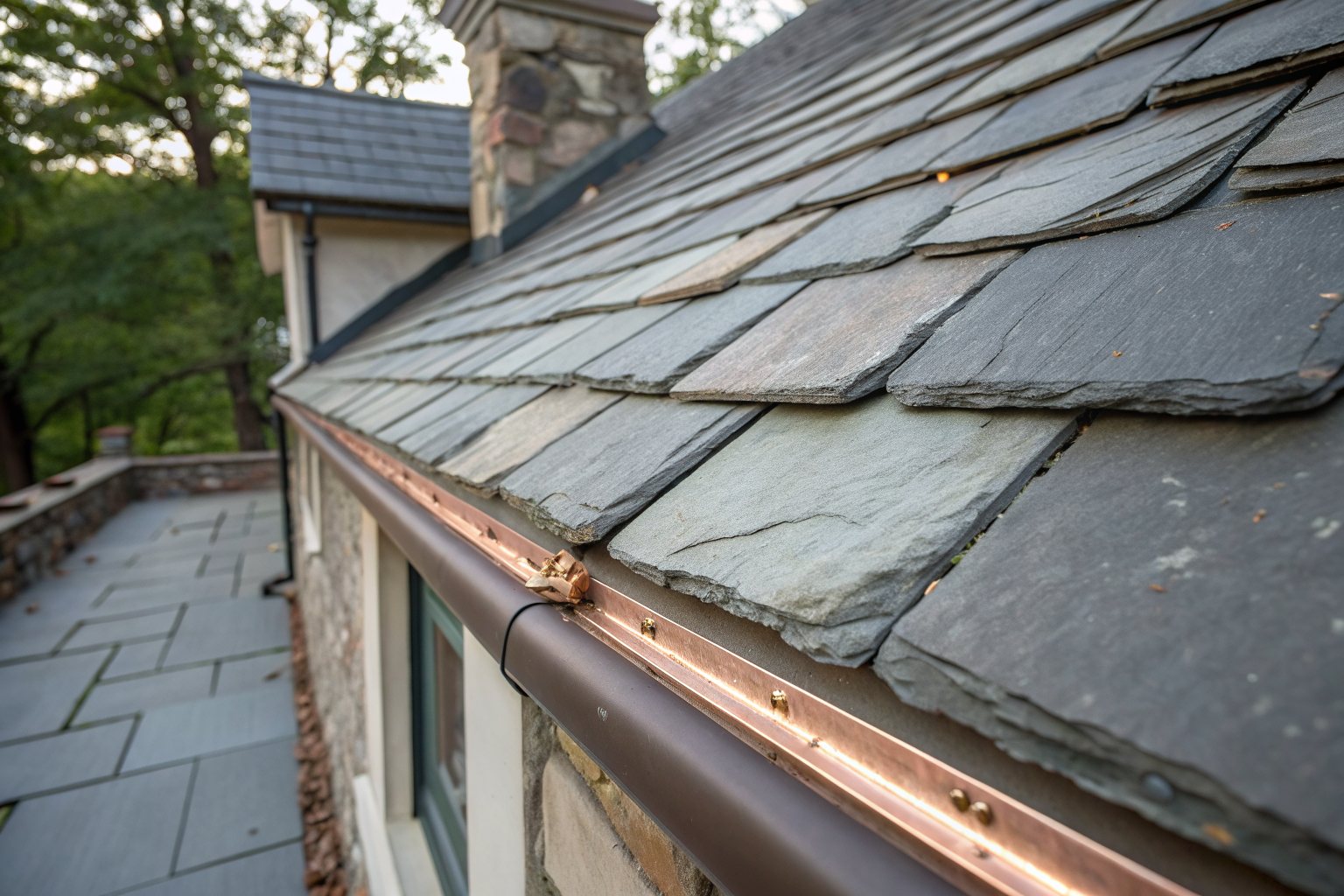 Close view of an old slate roof edge with chipped slates above a copper gutter