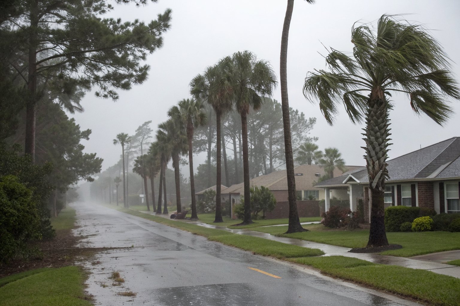 Palms and pines bending in heavy rain and wind along a wet street of one-story brick homes