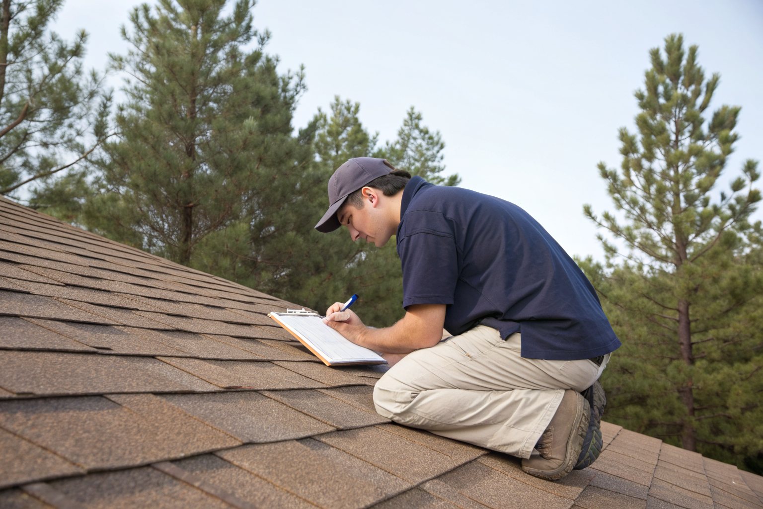 A roof inspector in a cap and navy polo kneeling on a brown shingle roof and writing on a clipboard