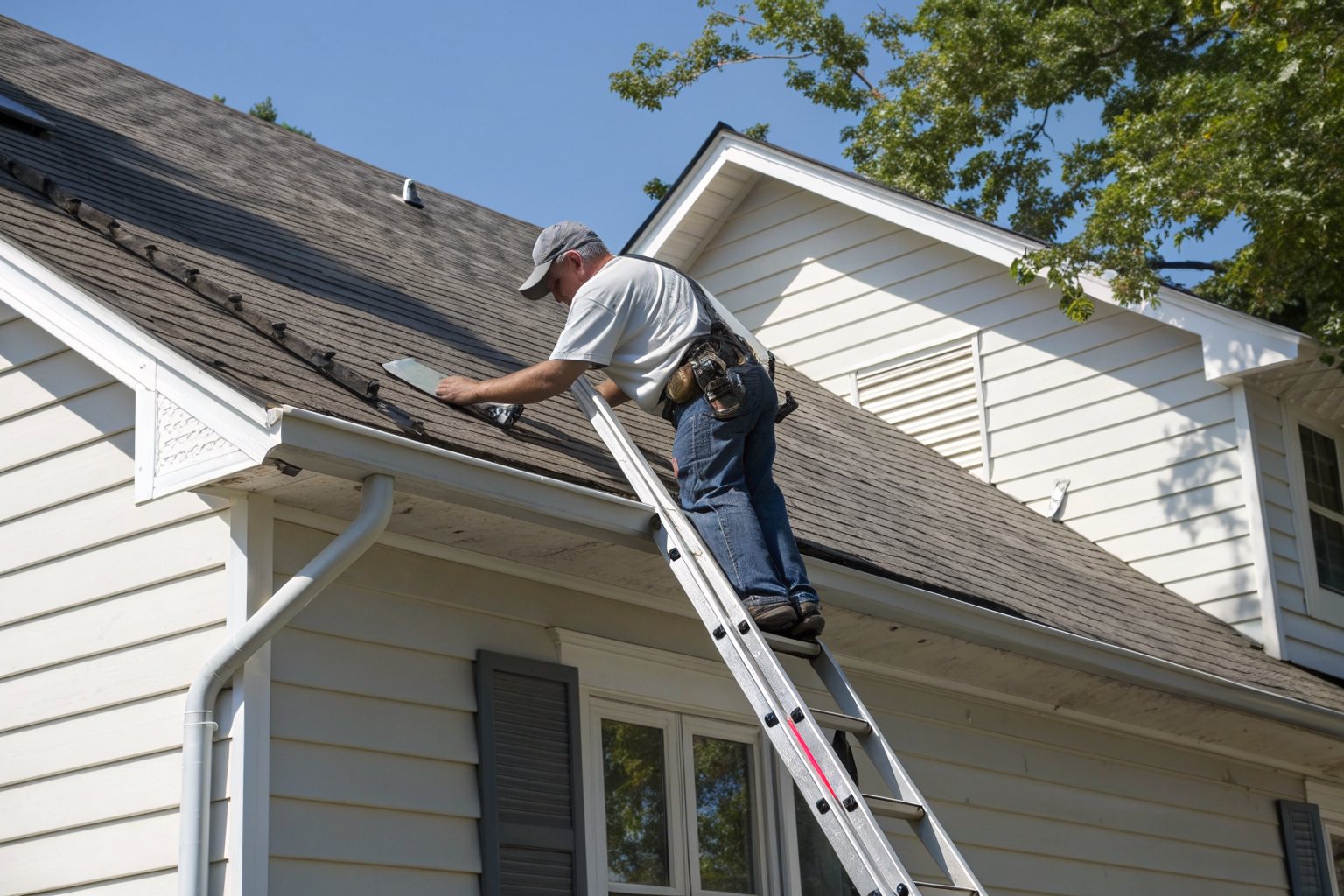 A roofer on an aluminum ladder checking the roof edge and gutter of a white-sided house