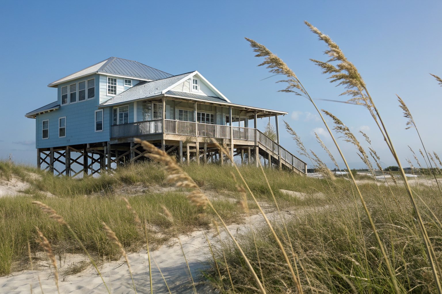 A raised pale blue beach house on pilings with a silver standing-seam metal roof behind sea oats on a dune