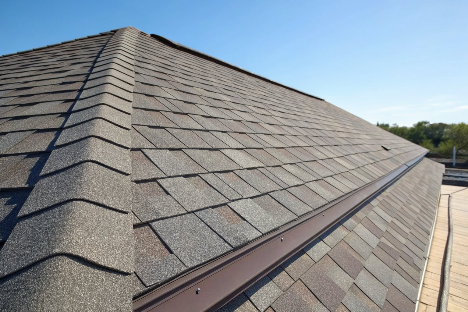 Close view of new gray-brown architectural shingles and a ridge line in bright sun
