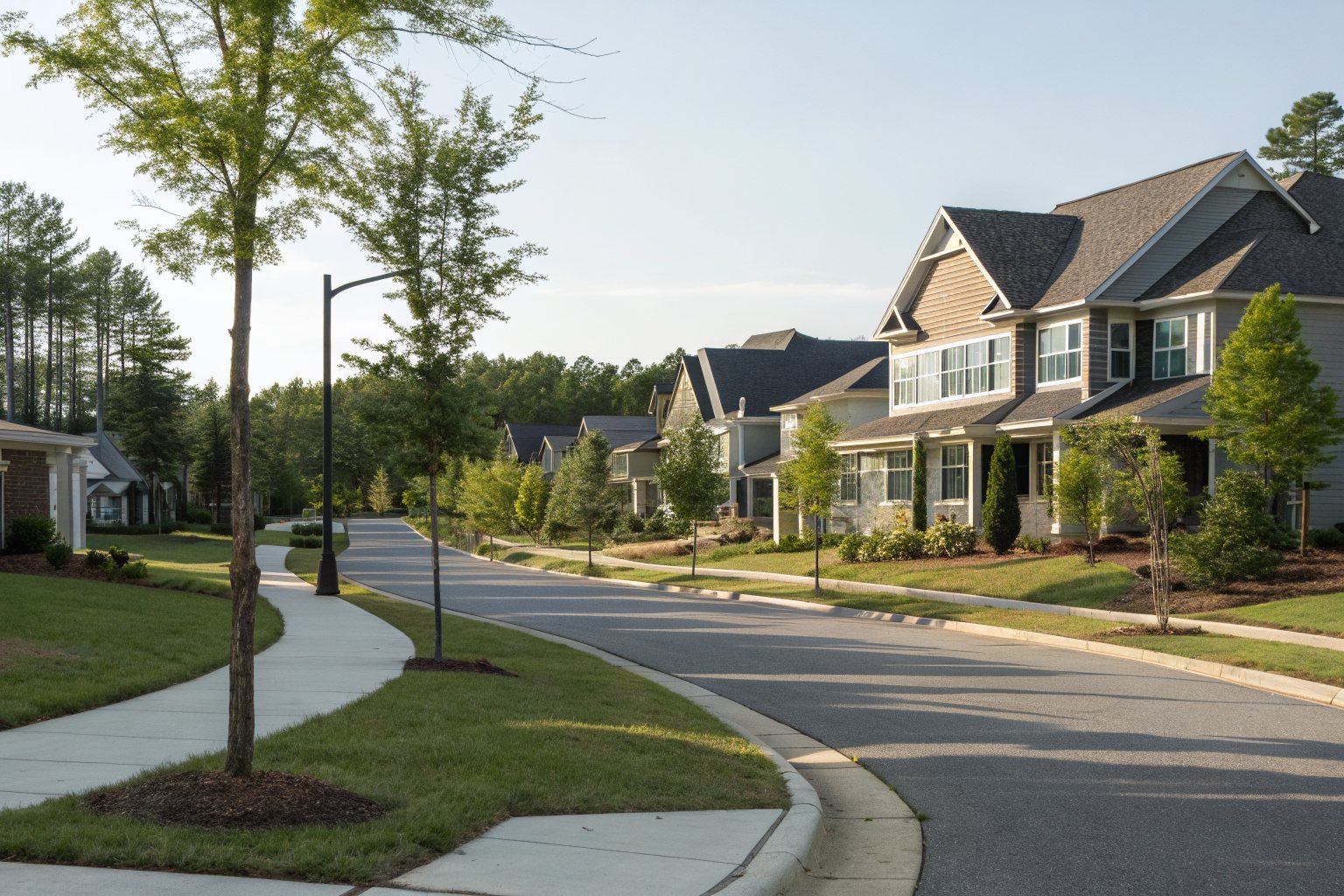 Newer two-story homes with gray architectural shingle roofs along a curving street with young trees