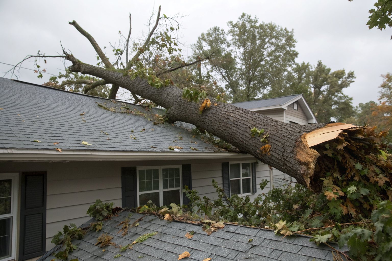 A broken tree trunk lying across the gray shingle roof of a house after a storm, with leaves and torn shingles