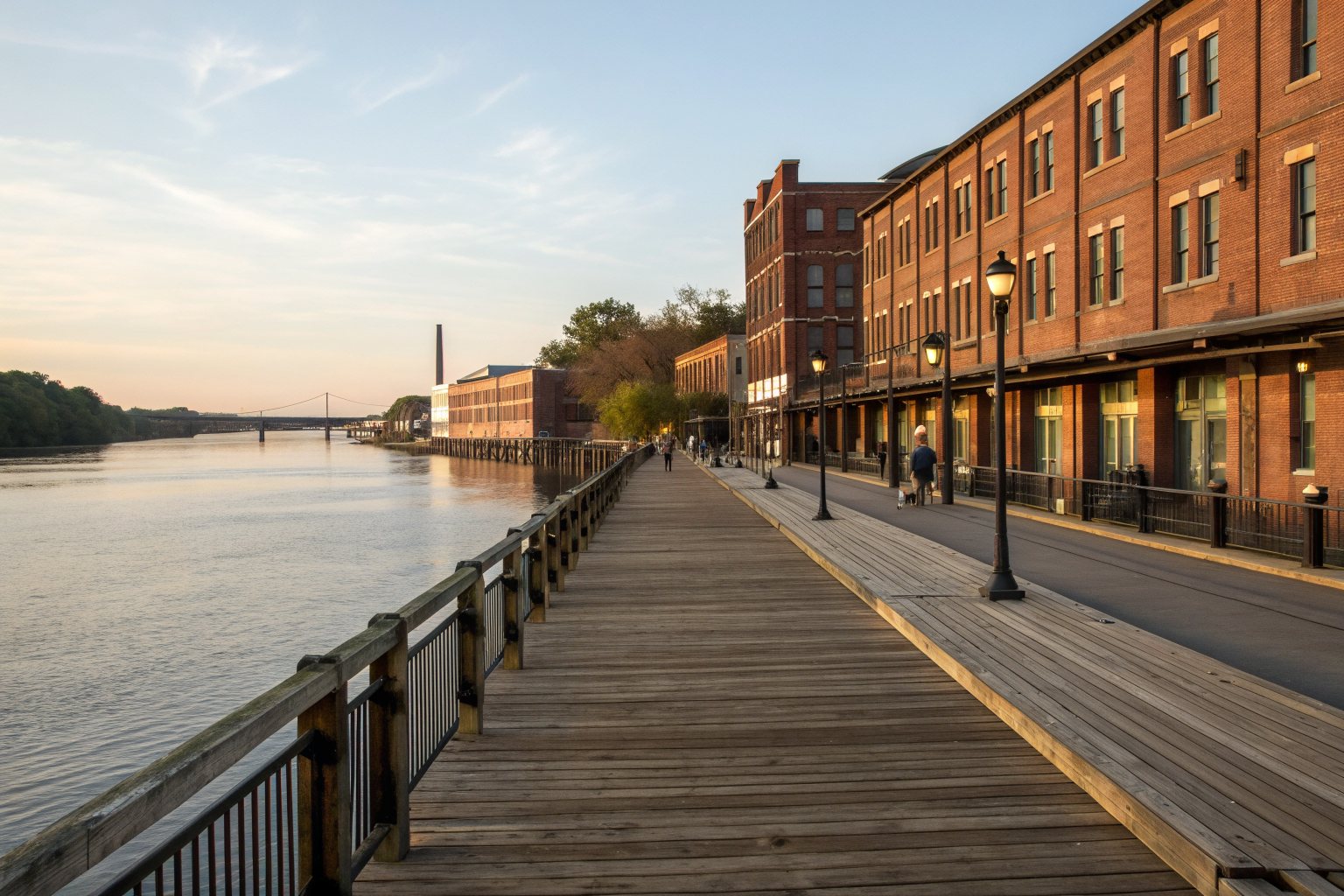 A wooden riverfront boardwalk beside old brick buildings at golden hour