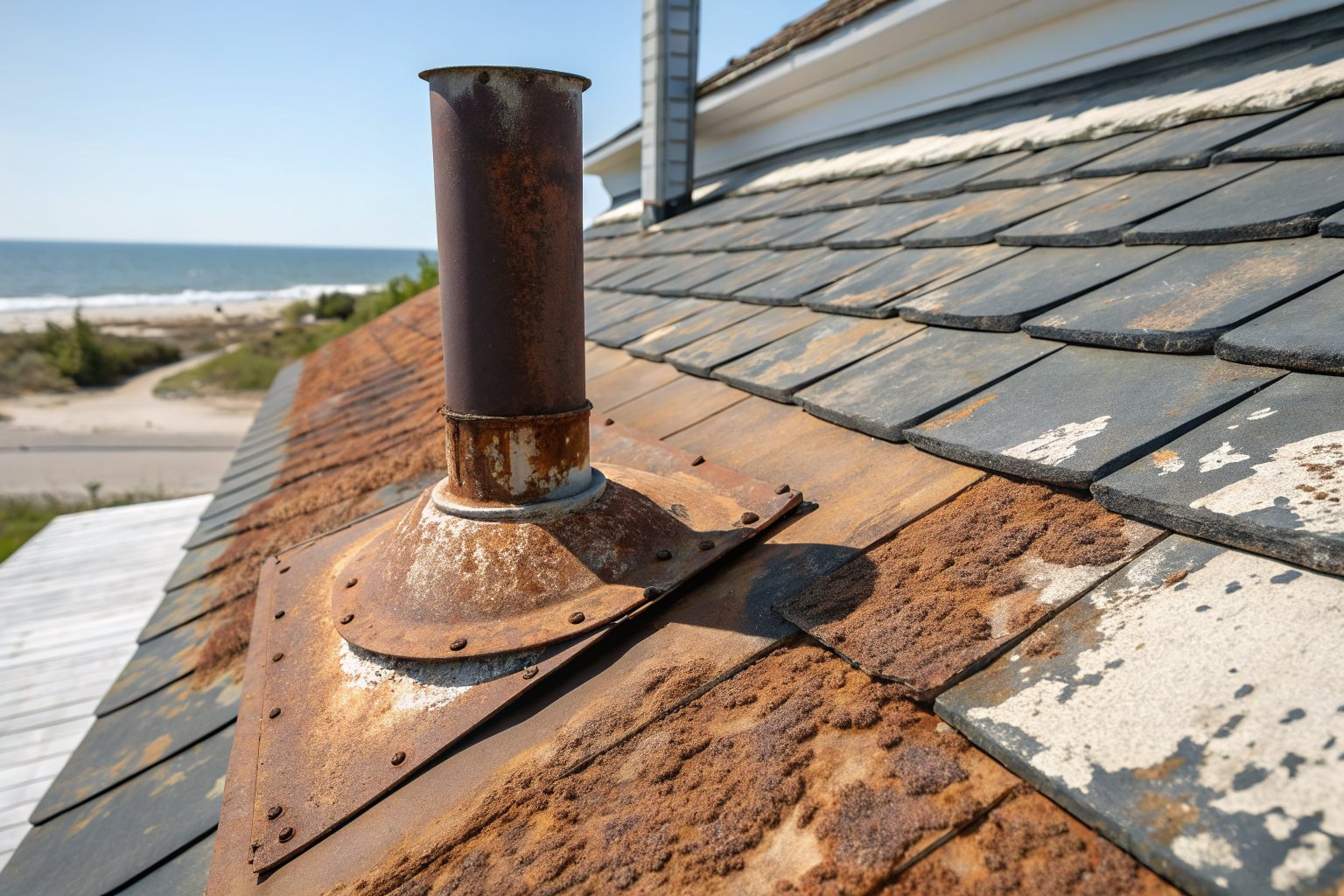 Close view of a rusted vent pipe and corroded flashing on an old roof near the beach