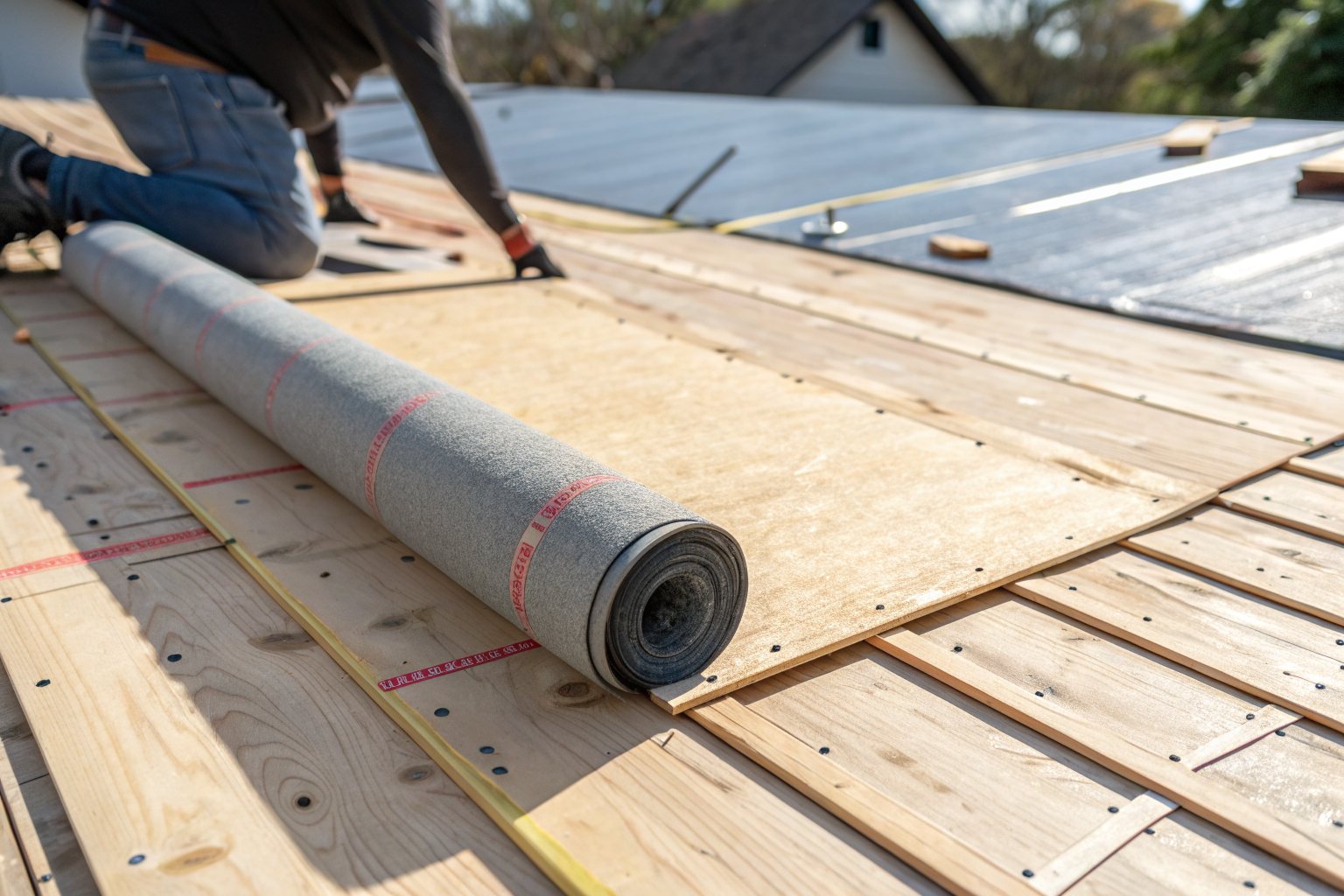 New plywood roof decking with taped seams and a roll of gray synthetic underlayment