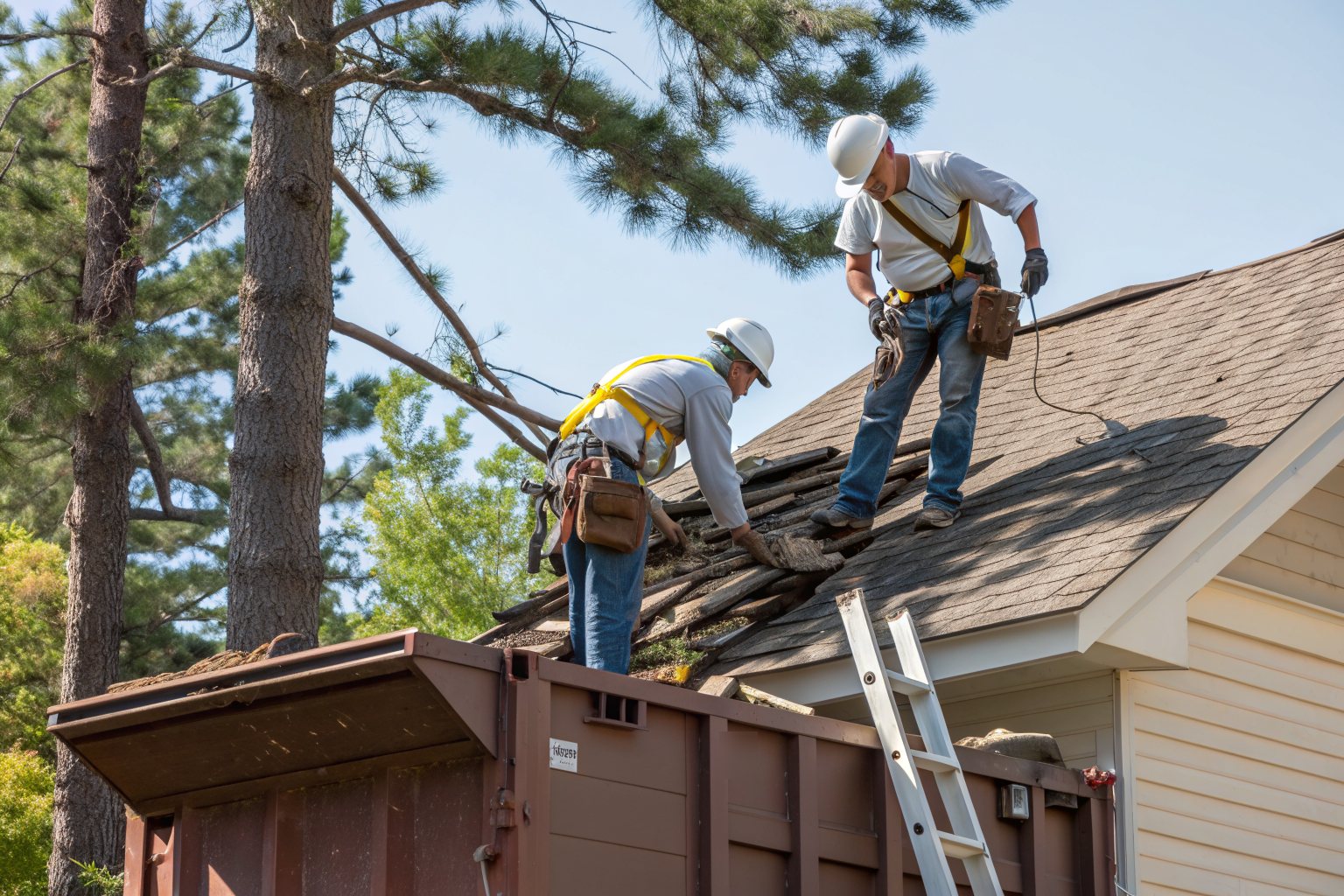 Two roofers in hard hats and harnesses tearing old shingles off a roof, a dumpster below and pines behind