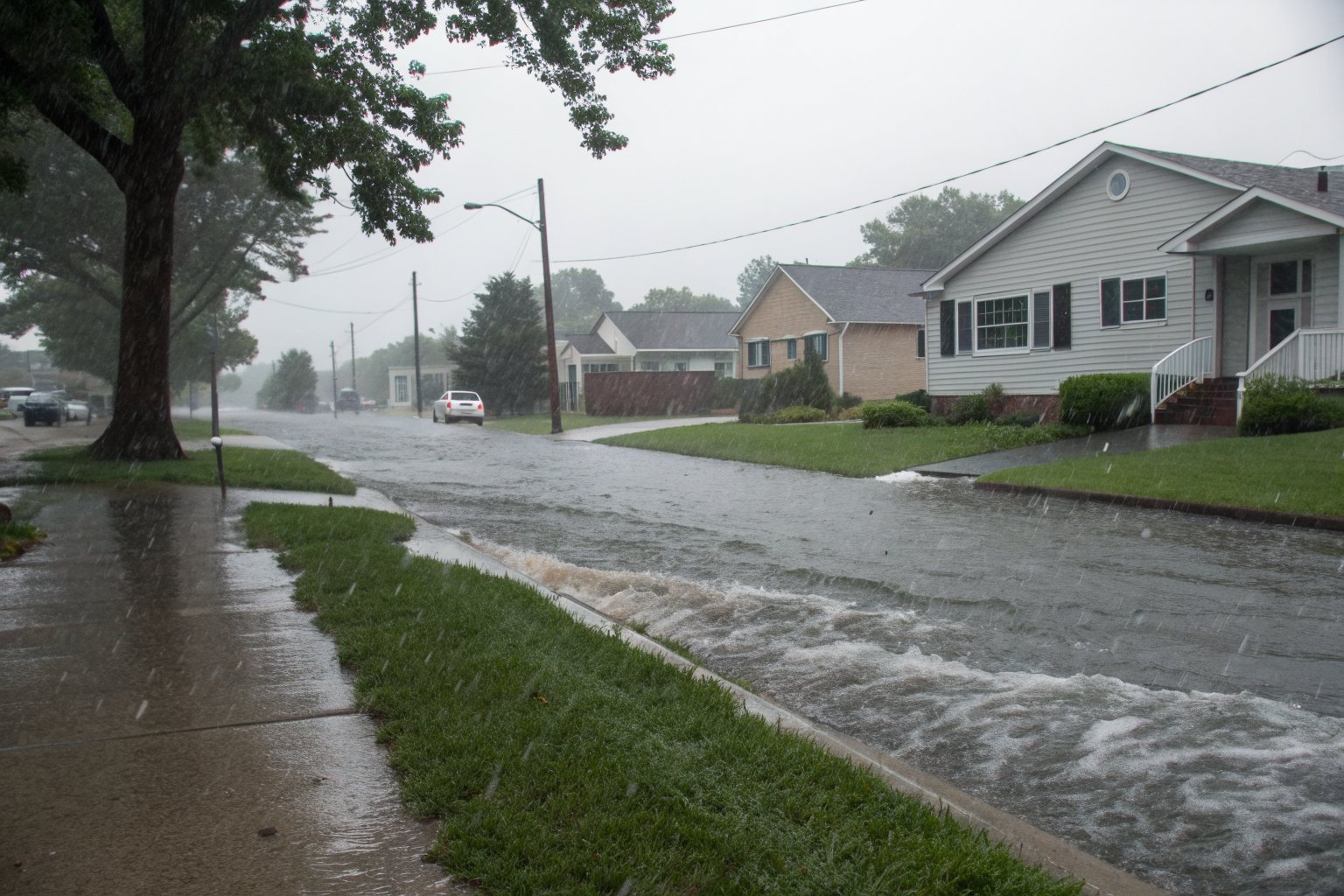 Heavy rain flooding along the curb of a residential street of one-story homes