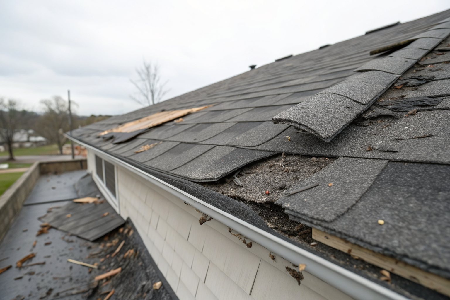 Close view of wind-lifted and torn asphalt shingles along a roof edge, with debris below
